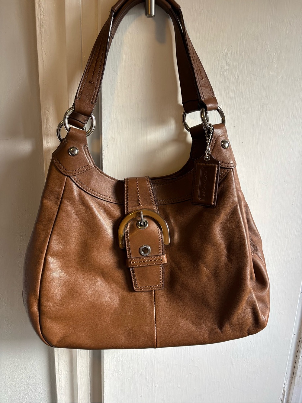 Coach Tan Leather Shoulder Bag with Buckle Detail